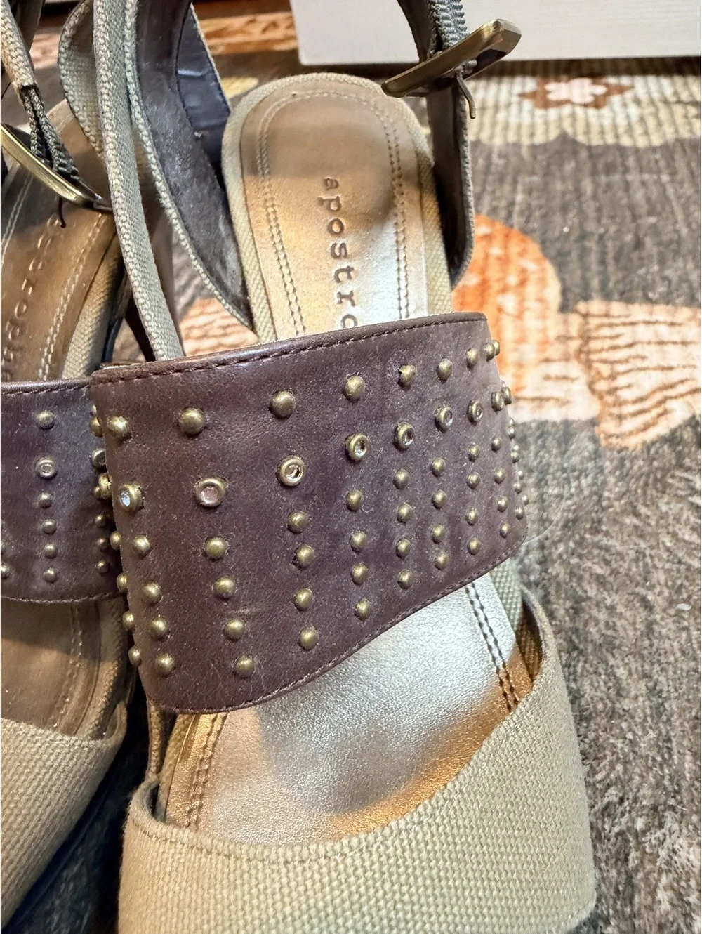 Apostrophe Studded Wood Heel Sandals Suede Canvas Womens 6